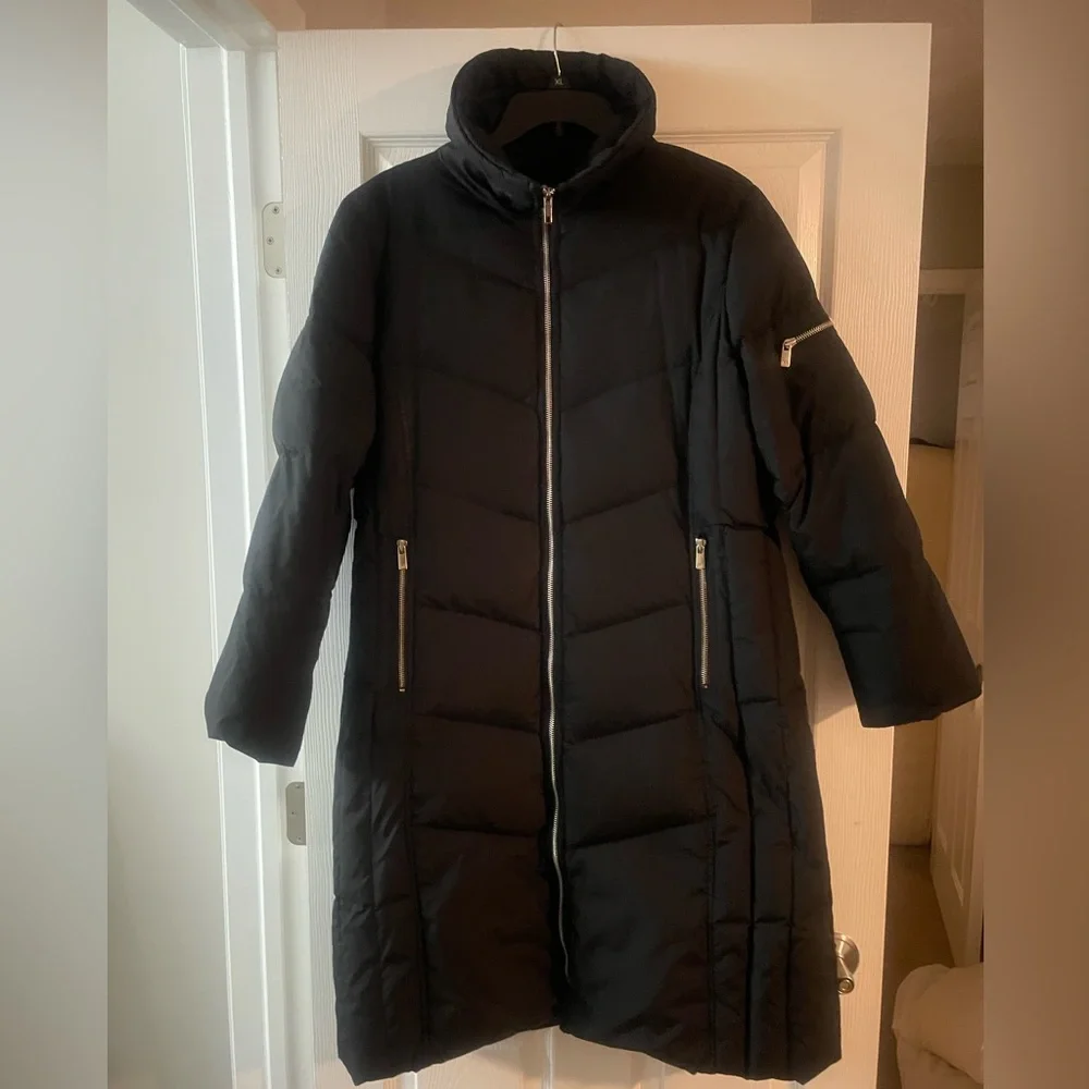 Michael Kors Black Long Quilted Puffer Coat with High Collar